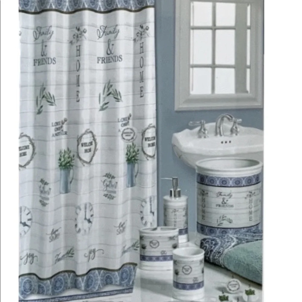 Modern Farmhouse Shower Curtain Hooks Set of 12 Welcome Home White Green Brown